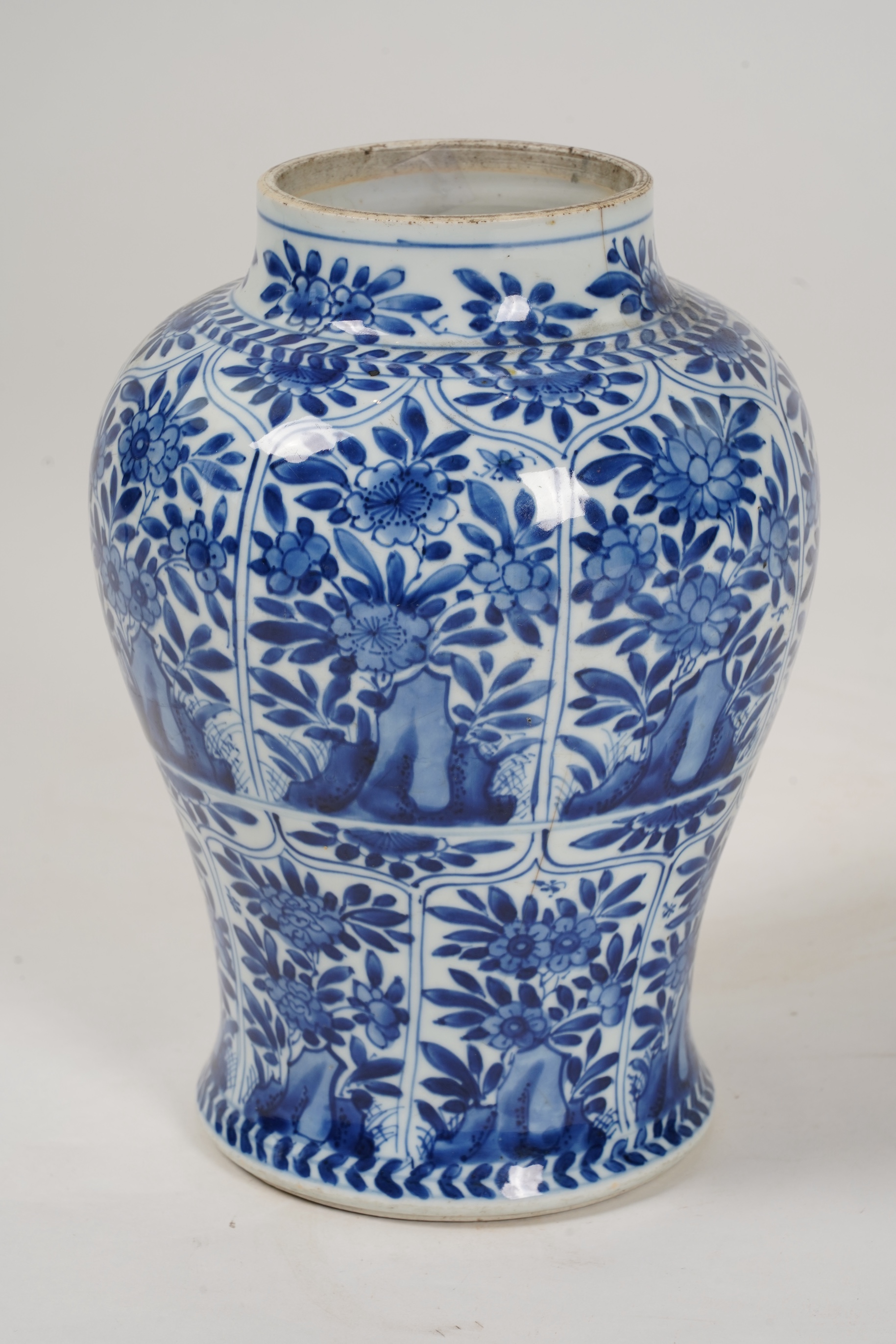 A Chinese blue and white ‘panelled flowers’ baluster vase, Kangxi period (1662-1722)
